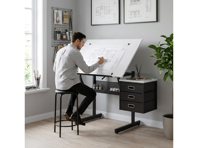 Drafting Table with Storage, Adjustable Art Desk & Art Table with Stool, 0-75° Tilting Top, 3 Drawers for Diamond Painting, Architecture,...