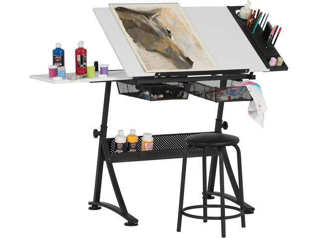 Drafting Table with Stool, Height Adjustable Desk with Tilt Top, Charcoal / White
