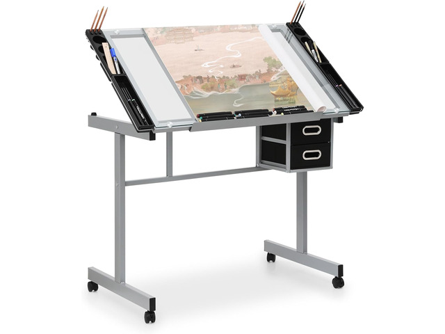 Athena Collection 41' Drafting Table Adjustable Angle Drawing Table Tempered Glass Art Desk Metal Frame Craft Desk for Artist with Fabric Drawers,...