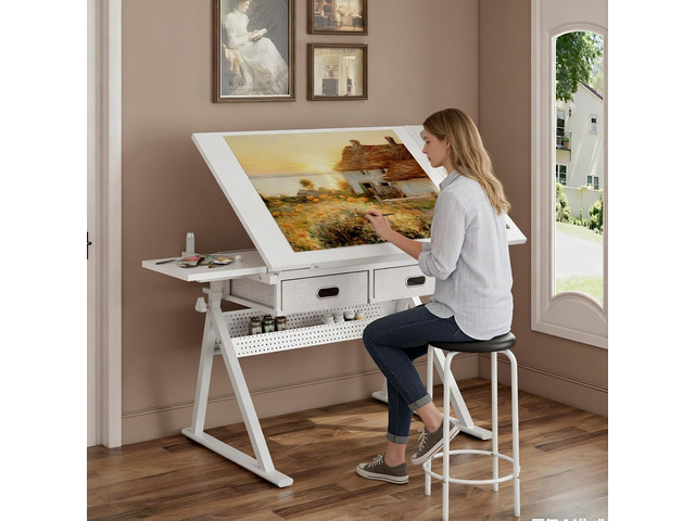 Drafting Table with Stool, Height Adjustable Drawing Table Art Table Painting Table Art Craft Desk with 0-75° Tilting Tabletop and Storage Drawers,...