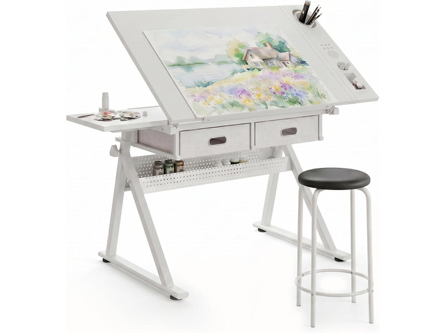 Height Adjustable Drafting Table with Stool, Drawing Art Desk with 2 Drawers, Artist Table with 75° Tilted Tabletop, Sketching Painting Artwork...