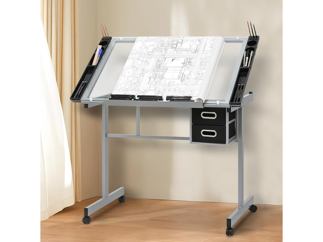 Drafting Table with Angle Adjustable Glass Top, Drawing Table with Storage Drawers,Casters, Art Desk Ideal for Drawing, Painting, Writing, Home...