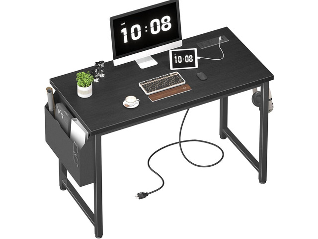 39 inch Computer Desk with Power Outlet, 40 inch Teen Study Table Home Office Work Writing Desks with Charging Station Outlets Built in, Black
