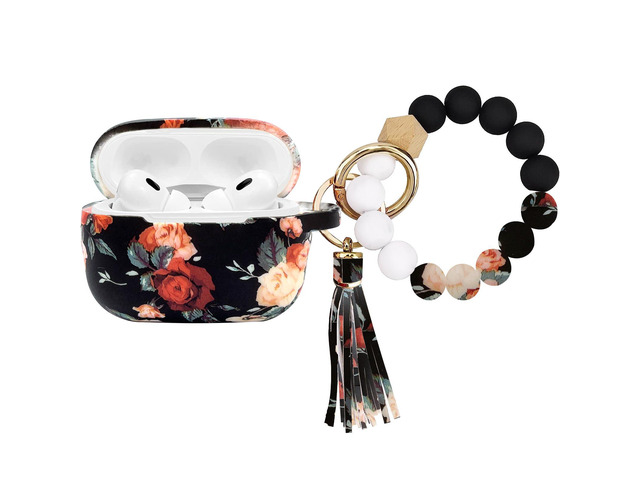 Case Compatible with Airpods Pro 2nd Generation, Soft Silicone Cute Skin Full Protective Case with Bracelet Keychain - Vintage Rose