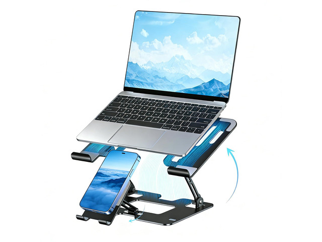 Ergonomic Foldable 2-in-1 Laptop Stand with Phone Holder Carbon Steel Frame, Matte Black Finish, Silicone Pads, Hollow Cooling Design, Height...