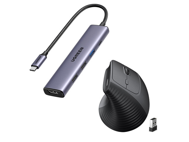 Revodok 105 USB C Hub 5 in 1 Bundle with 2.4G Mouse Wireless Vertical Ergonomic Mouse for MacBook Pro/Air, XPS, Thinkpad
