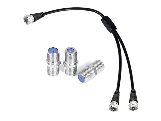 F Type Coax Cable Splitter F Male to F Dual Male Cable 75Ohm for Connection, TV, Satellite Receiver (with 3 F Female adapters) 2 Pack