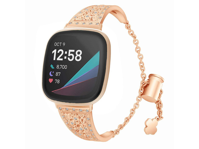 Compatible with Fitbit Versa 4/Versa 3/ Sense 2/Sense Band for Women, Replacement Bling Metal Strap Stainless Steel Metal Jewelry Bangle Wrist...