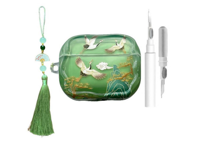 Lucky Crane Case for AirPod Pro 2, Green Cover Soft TPU Protective Skin Shockproof with Green White Fan Beaded Tassel Keychain and Cleaning Kit,...
