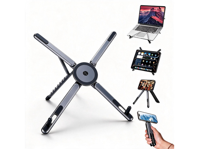 4-in-1 Laptop Stand, Magnetic Phone Tripod Holder, Adjustable Aluminum, Gray