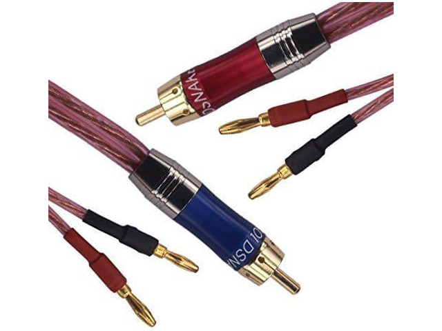 KK R1-B2-D0.5 4N OFC Speaker Wire Pair with RCA Male (Blue & Red) to 2 Pair Banana4banana Plugs 1.64Foot-Pair KK R1-B2-D0.5