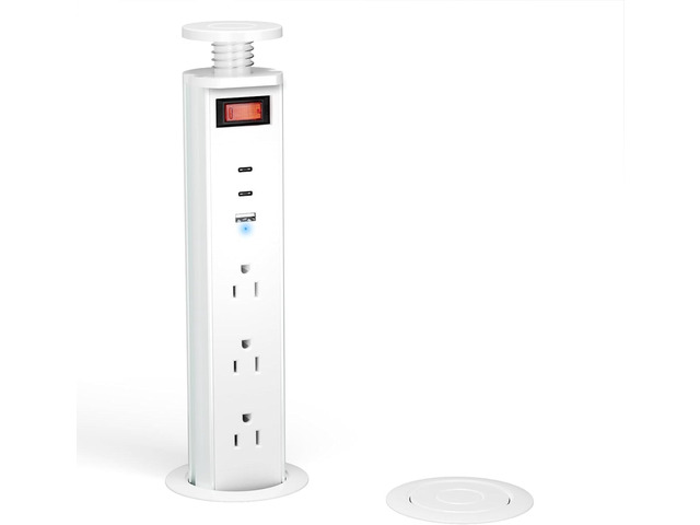 2-1/2' Pull Up Outlet for Countertop, USB-C PD 20W and 3 Outlets Manual-Lift Hidden Design, Space-Saving, 6 Ft Cord, for RV Tables, Camper...