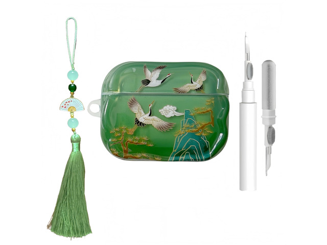 Lucky Crane Case for AirPod Pro 3, Green Cover Soft TPU Protective Skin Shockproof with Green White Fan Beaded Tassel Keychain and Cleaning Kit,...