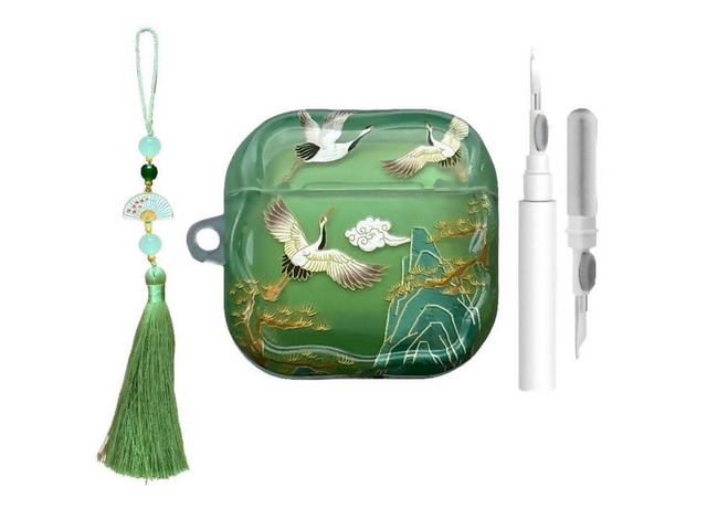 Lucky Crane Case for AirPods 4, Green Cover Soft TPU Protective Skin Shockproof with Green White Fan Beaded Tassel Keychain and Cleaning Kit,...