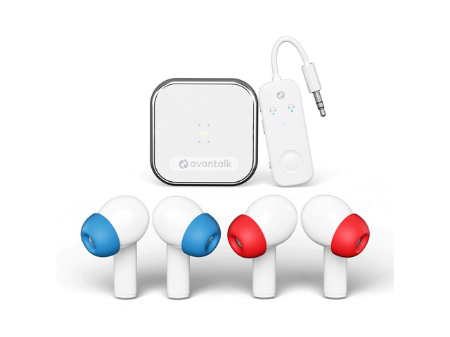 Avantree Sky Infinity NC - Auracast Earbuds with Airplane Transmitter Two noise-canceling earbud pairs and plug-in airplane transmitter;...