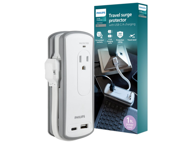 2-Outlet Travel Surge Protector, 2 USB 1A/1C, 5V/3.4A, 300J, 1 Ft, Grey/White, SPP2111WA/37