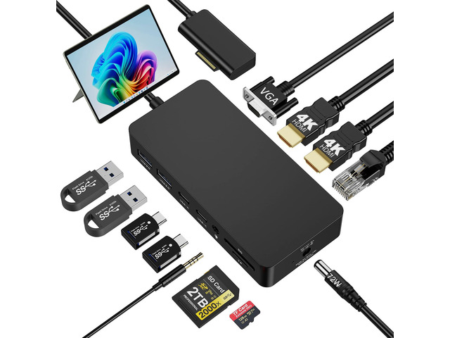 Dual HDMI+VGA Dock Works Devices - 12-in-1 Triple Display Docking Station for Pro (12/11/10/9/8/X/7/6/5/4), Laptop, Go, Book