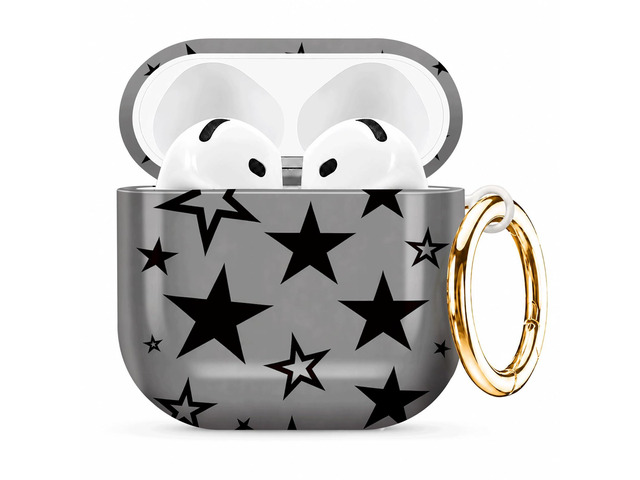 Compatible with AirPod 4th Generation (2024), Cute Protective Cover with Keychain, TPU Anti-Drop Earbuds Case for Women and Men(Black Stars On Gray...