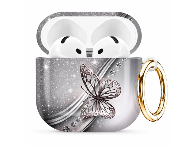 Compatible with AirPod 4th Generation (2024), Cute Protective Cover with Keychain, TPU Anti-Drop Earbuds Case for Women and Men(Silver Butterfly...