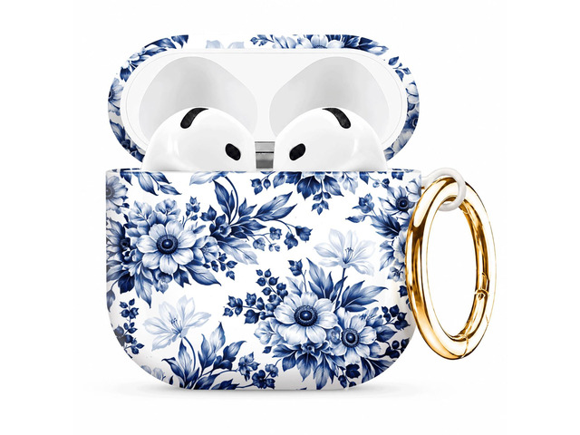 Compatible with AirPod 4th Generation (2024), Cute Protective Cover with Keychain, TPU Anti-Drop Earbuds Case for Women and Men(Blue Floral On...