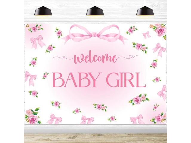 Welcome Baby Girl Backdrop - Pink Bow Baby Shower Party Decorations, Elegant Pink Floral Decorations with Ribbon Bows, Girl Baby Shower Photography...