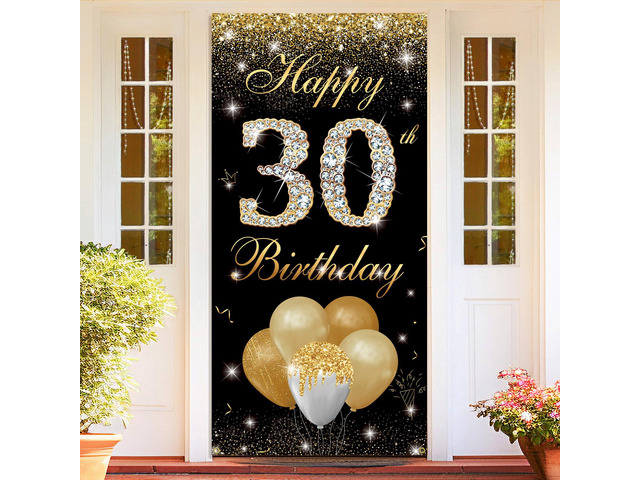 Happy 30th Birthday Decorations for Men Women - 30 Birthday Door Banner, Yard Sign, Photo Booth Props Backdrop - Black Gold Birthday Party Decor...