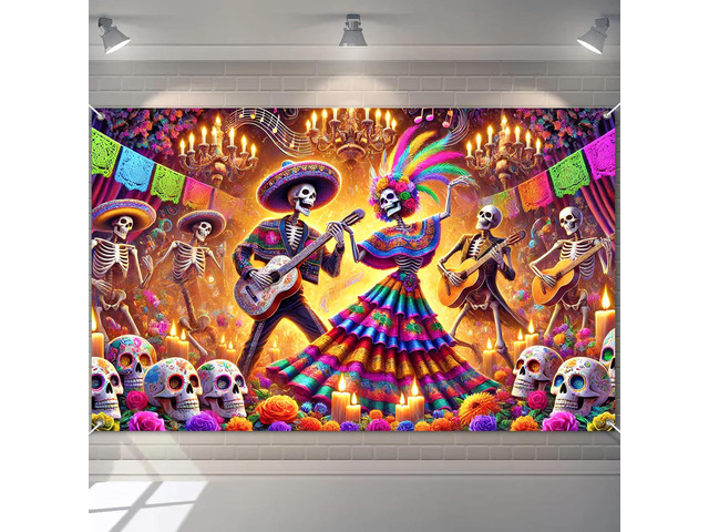Dia de Los Muertos Banner 71x43 in Skeleton Party Decor Day of the Dead Background and Sugar Skull Fiesta Banner for Fiesta, Photo Booth and...