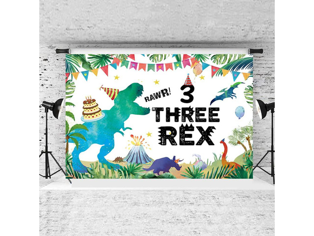 Dinosaur Birthday Backdrop Three Rex, Dinosaur 3rd Birthday Background T-Rex Dinosaur Birthday Party Supplies Birthday Party Extra Large Wall...