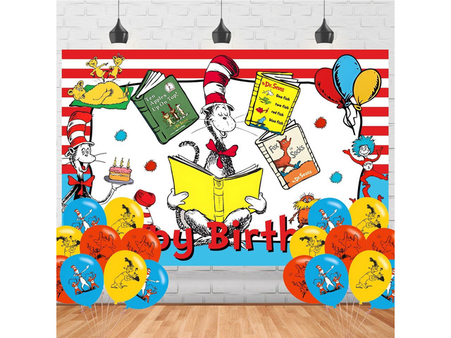 Cartoon Cat Happy Birthday Backdrop The Cat in The Hat Banner Poster for Cat Theme Party Decorations Birthday Supplies Background Studio Shoot...