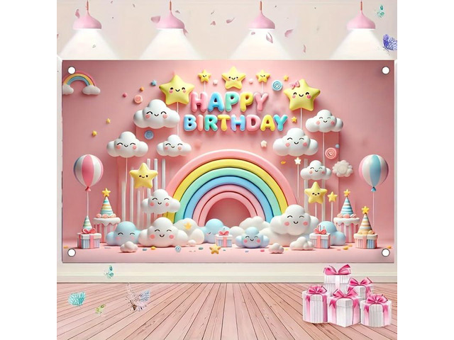 Rainbow Star Happy Birthday Banner 71x43 Inch Banner Sign Party Backdrop Rainbow Cloud Banner Star Celebration Background Playroom Bedroom Wall...