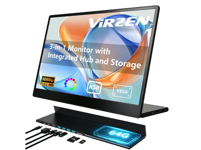 Portable Monitor 15.6 Inch 1080p Built-in Hub Docking Station 64G Storage Card IPS Display with Foldable Stand for Mac Windows, iPad,Smart Phone