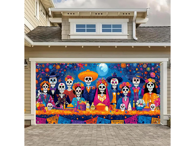 Day of the Dead Feast Garage Door Cover 13x6 ft Polyester, Skeleton Dinner Scene, Garage Door Cover for yard, gate. Day of the dead decorations