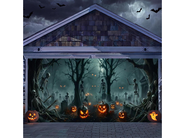 7x16 Ft Halloween Decorations Skeleton Garage Door Cover, Black and Red, Outdoor Party Decoration, Photography Background Backdrop