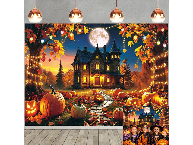 Fall Halloween Backdrop Spooky Haunted House Full Moon Pumpkin Banner 8x6ft Autumn Halloween Pumpkin Photography Background, Fall Halloween Party...