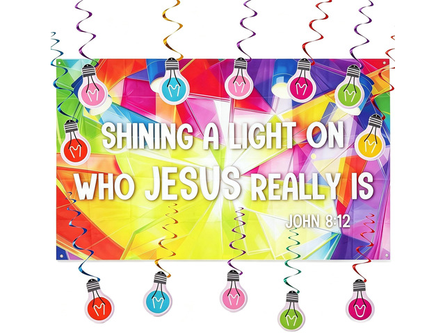 VBS 2026 Decorations Jesus is The Light of The World Backdrop Banner 5.9x3.6Ft, 12 Light Bulb Cutouts, Christian Religious Bible Verse Photo Props