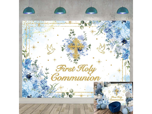 First Holy Communion Backdrop Boys God Bless Background Blue Floral Glitter Christening Party Decorations Banner Newborn Baby Shower Photo Props...