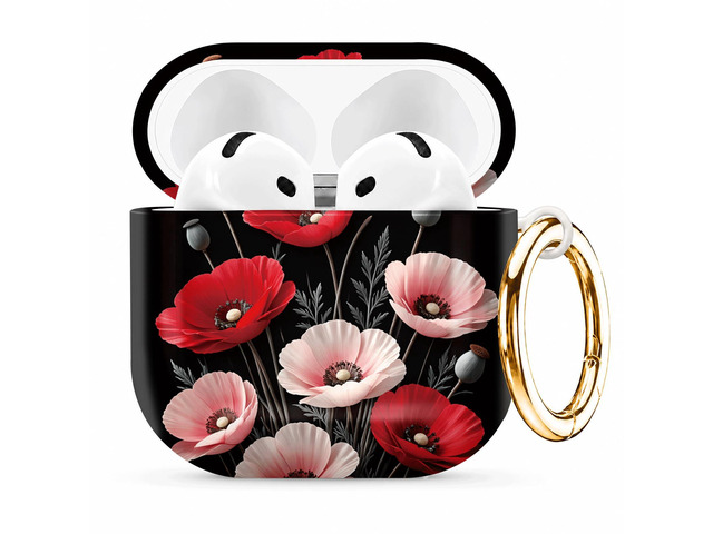 Compatible with AirPod 4th Generation (2024), Cute Protective Cover with Keychain, TPU Anti-Drop Earbuds Case for Women and Men(Red Poppy Flower)