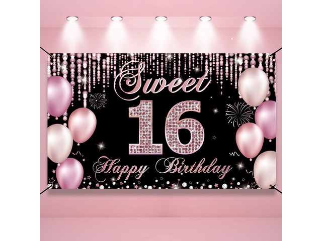 Sweet 16 Birthday Decorations, Happy 16th Birthday Banner Backdrop for Girls, Pink Sweet Sixteen Party Yard Sign Decor, Sweet 16 Photo Booth Props...