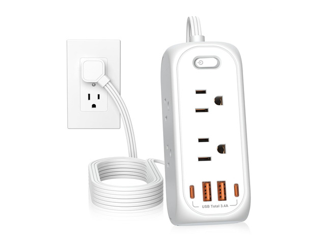 6 Outlet Power Strip with Surge Protector & ETL Listed, 5ft Extension Cord, 4 USB Ports (3A+1C), Flat Plug, 1250W/10A, Wall Mount, Multi Outlet...