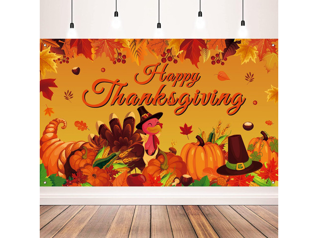 Happy Thanksgiving Photo Backdrop, Fall Maple Leaves Turkey Pumpkin Themed Banner for Thanksgiving Party Decorations, 71x43 Inches