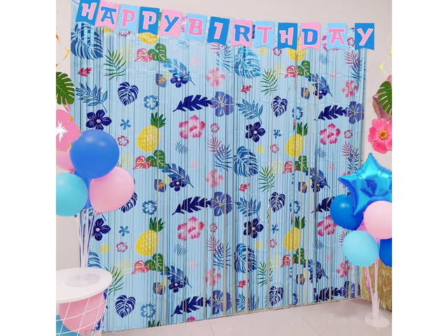 Hawaiian Element Pattern Birthday Party Supplies 3 Pack Foil Fringe Curtains Tinsel Animation Themed Photo Backdrop Streamers Cartoon Birthday...