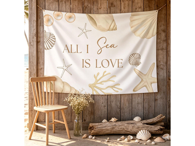 All I Sea is Love Backdrop Banner Beach Seashell Bridal Shower Decorations Beach Wedding Decorations Coastal Bachelorette Party Supplies for Surf...