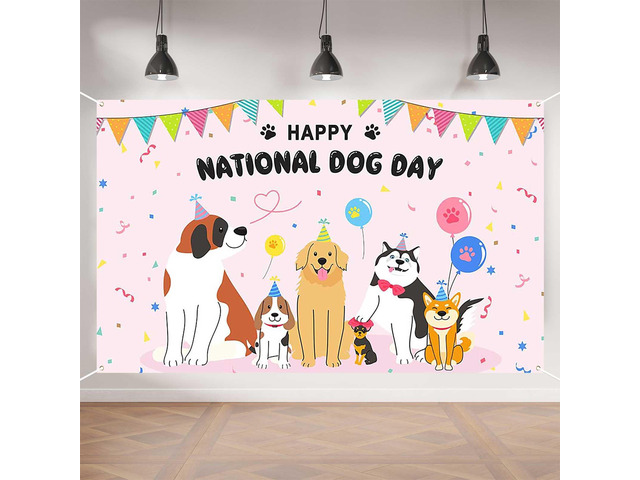Happy National Dog Day Banner - 70.8x43.3in Pink Party Banner with Cute Dogs, Balloons & Confetti for Pet Celebrations