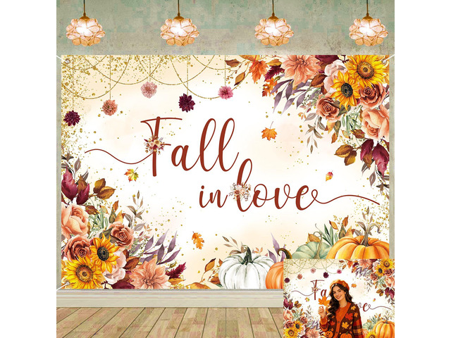 Fall in Love Backdrop Autumn Watercolor Sunflower Floral Pumpkin Bridal Shower Photography Background Fall Wedding Engagement Anniversary Party...