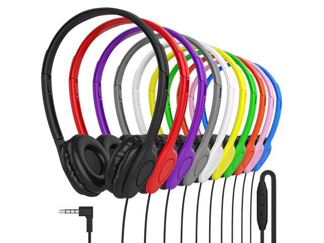 Bulk Headphones with Microphone, 10 Pack Multicolor Wired On-Ear Headsets 3.5mm Jack, Leatherette Cushions, Adjustable Headband for Classrooms,...