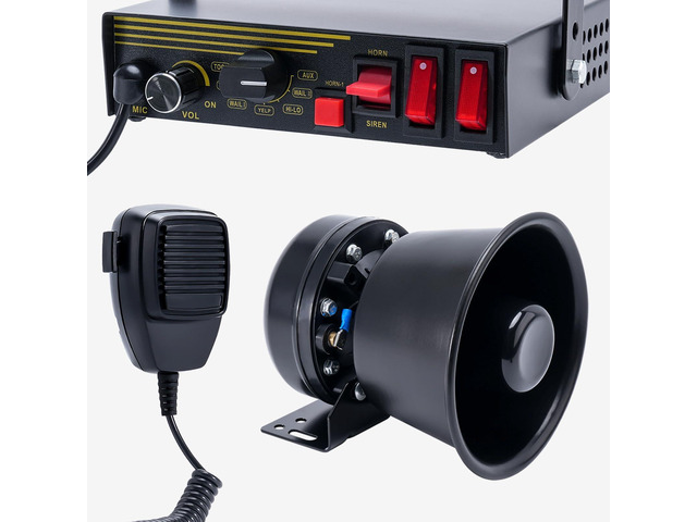 200W 12V 9 Tone Emergency Siren System, Black Steel Speaker Horn, Handheld Microphone, for Emergency Vehicles, Construction Vehicles, Pickup trucks