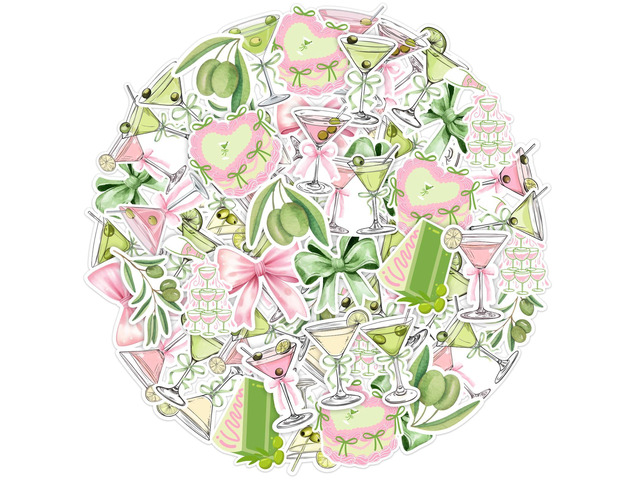100pcs Martini Themed Stickers - Pink Green Cocktail Party Stickers for Water Bottles, Laptops, Skateboards, 20 Design, Martini Theme Party Favors...
