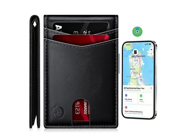 Mens Wallet with Tracker, Rechargeable Wallet Finder, Works with Find My or Bseek, Thin Design, Smart Item Locator (ONLY iOS(Black,)