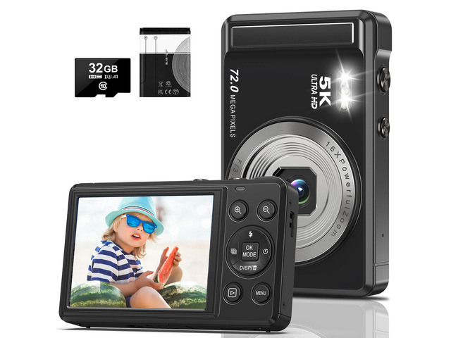 5K 72MP Digital Camera - with 16X Zoom Autofocus Point and Shoot Digital Camera, 2.8' Screen Compact Portable Vlogging Camara with 32GB Card for...