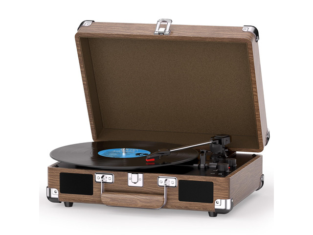 Record Player with Built-in Speakers, Vintage Bluetooth Turntable 3 Speed Suitcase Vinyl Record Player with Bluetooth Input, Bass & Treble Control,...